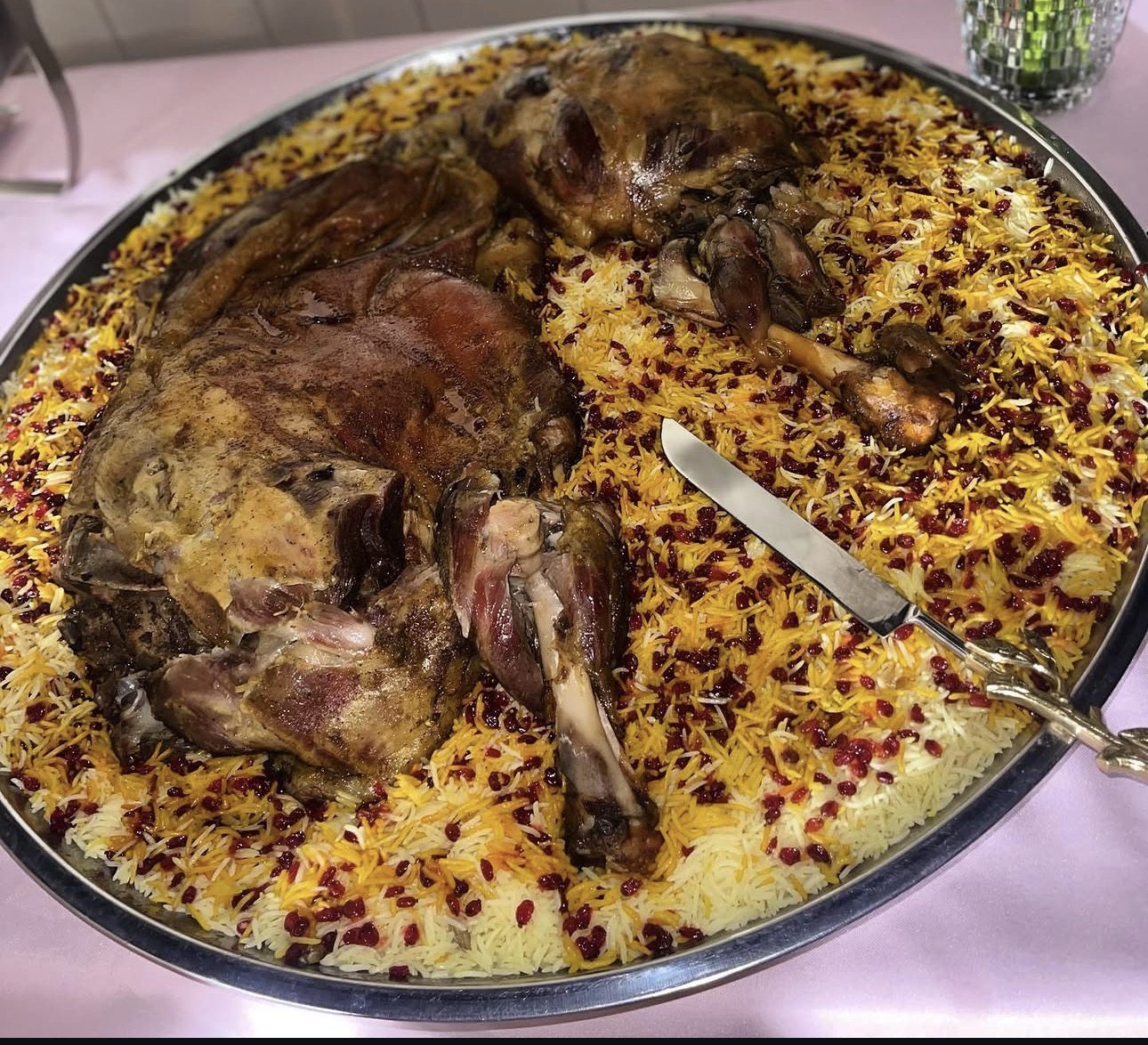 Lamb quzi over saffron rice with pomegranate
